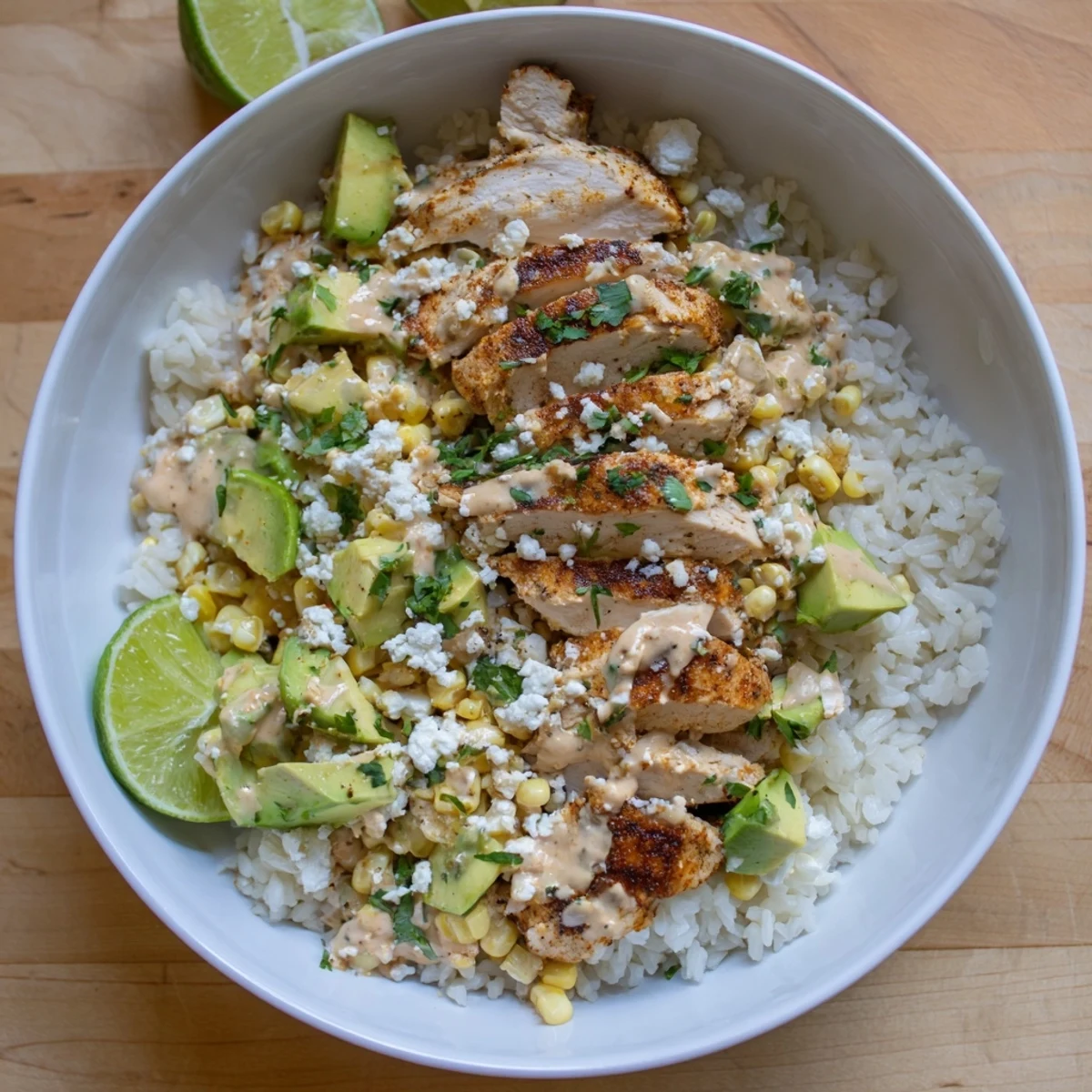 Golden street corn chicken rice bowl featuring grilled spiced chicken with charred corn and creamy cotija sauce