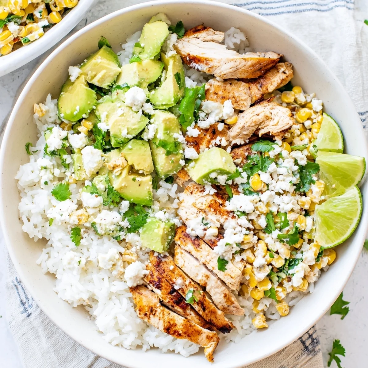 Hearty street corn chicken rice bowl showcasing tender sliced chicken over fluffy rice with zesty toppings