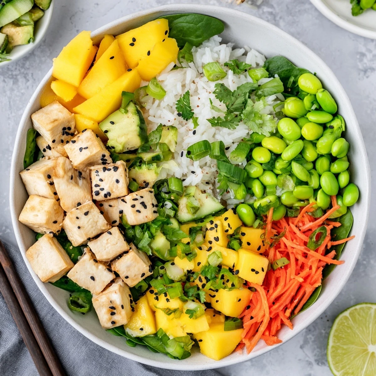 Vibrant avocado mango poke salad bowl with marinated tofu, fresh vegetables, and sesame seed garnish