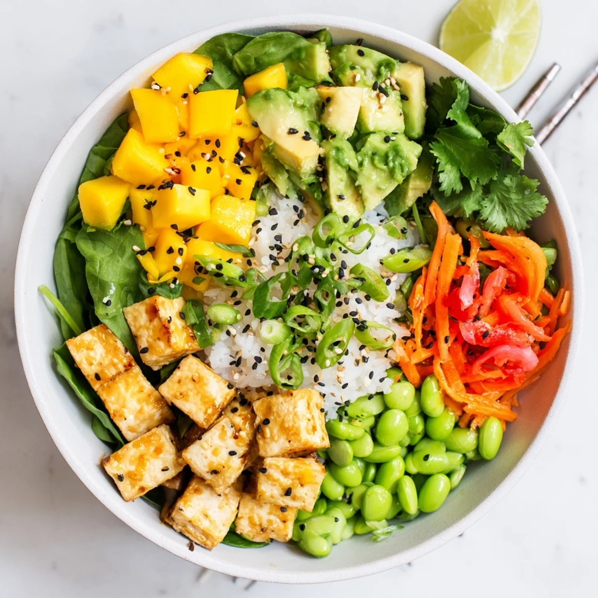 Colorful Hawaiian fusion salad featuring creamy avocado cubes, sweet mango chunks, and marinated tofu over greens