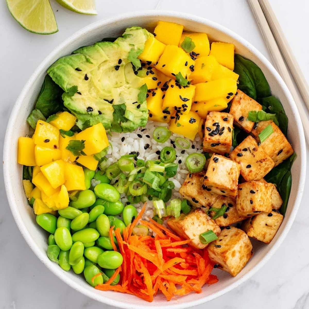 Fresh avocado mango poke salad arranged in serving bowl with edamame, cilantro, and zesty lime wedges