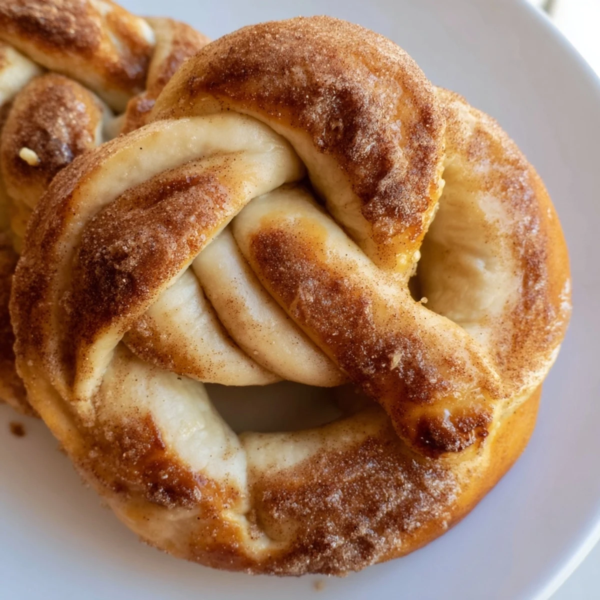 Golden brown cinnamon sugar soft pretzels coated in sweet buttery spiced sugar crystals