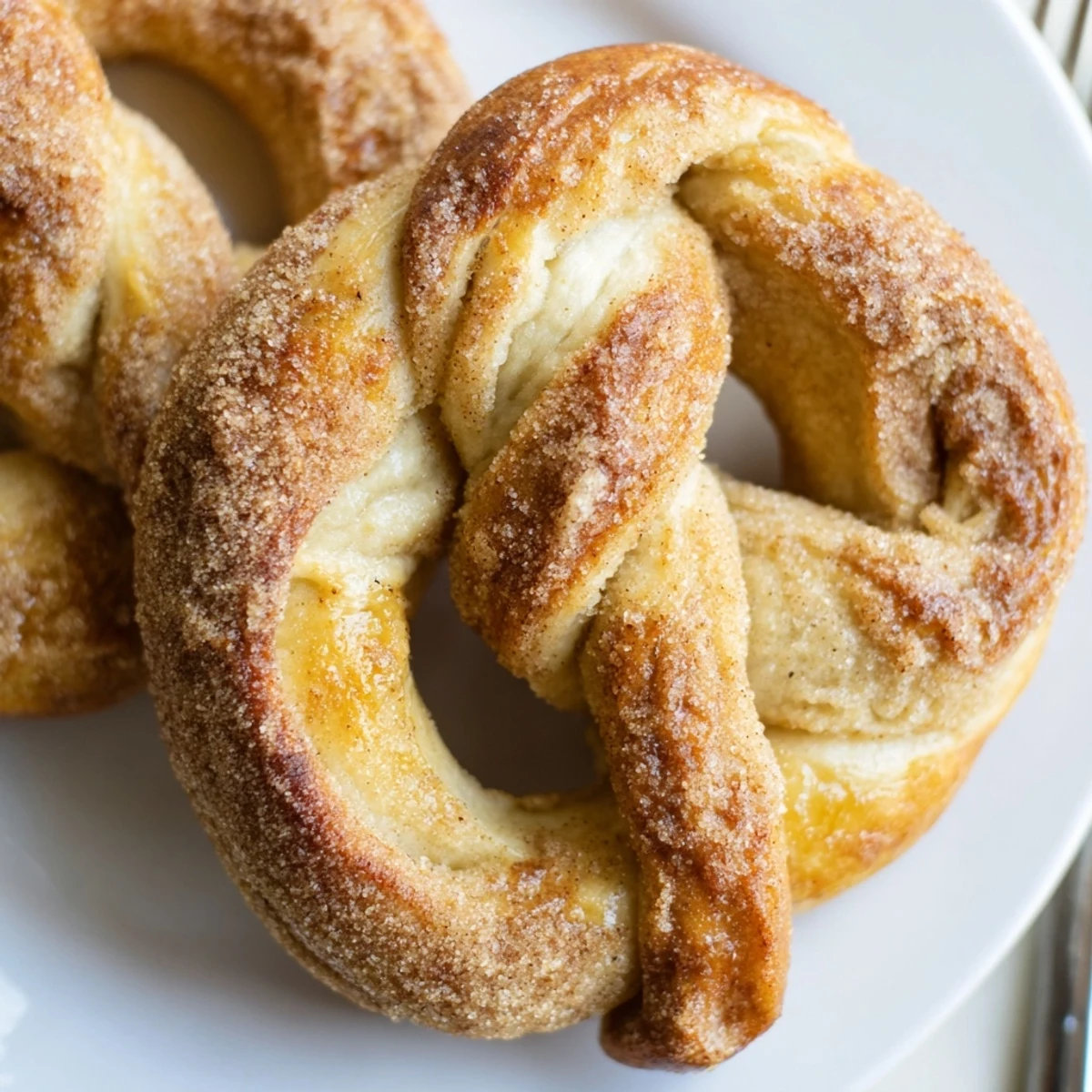 Warm pillowy cinnamon sugar soft pretzels sprinkled with fragrant spice on serving platter