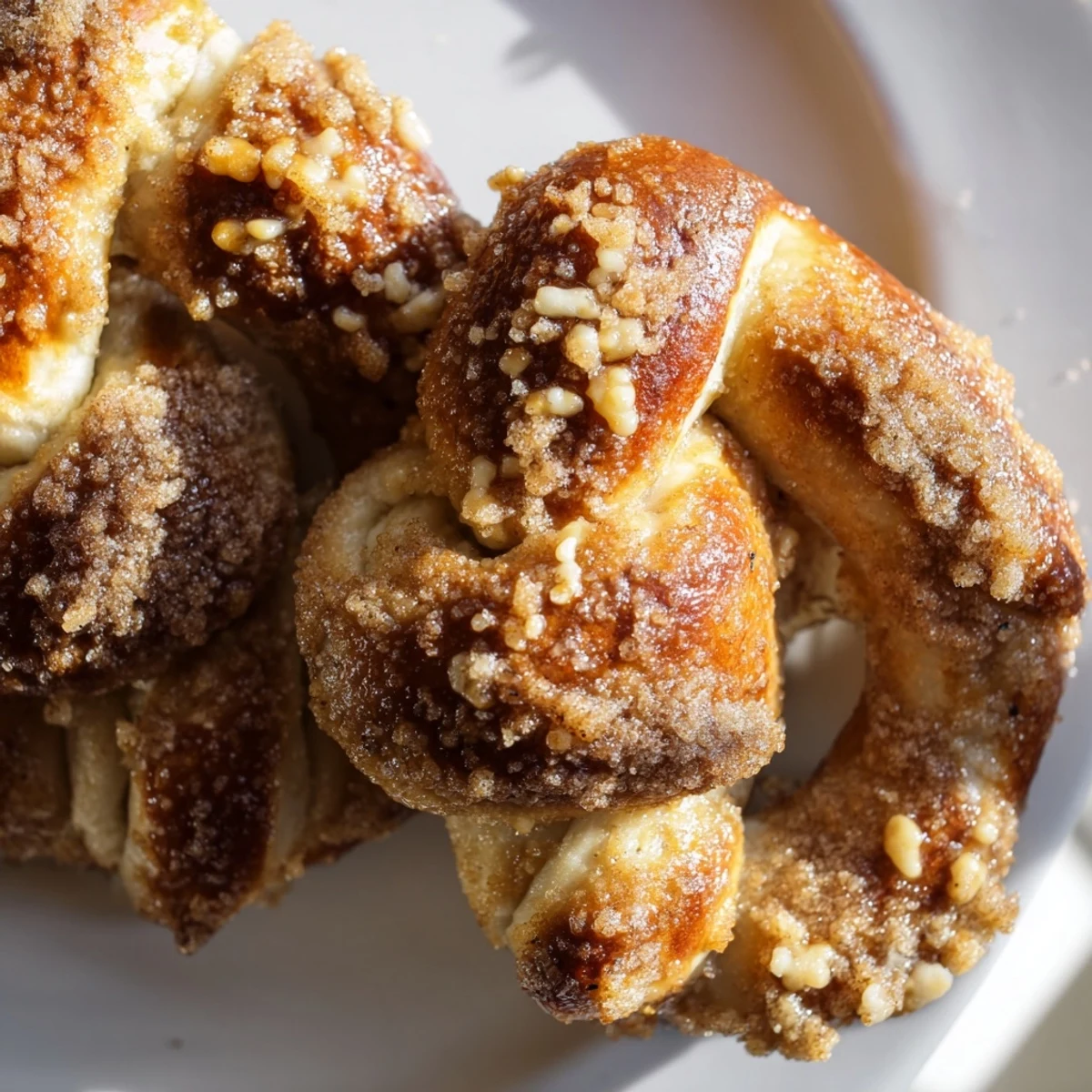 Freshly baked cinnamon sugar soft pretzels brushed with melted butter and dusted sweet spice