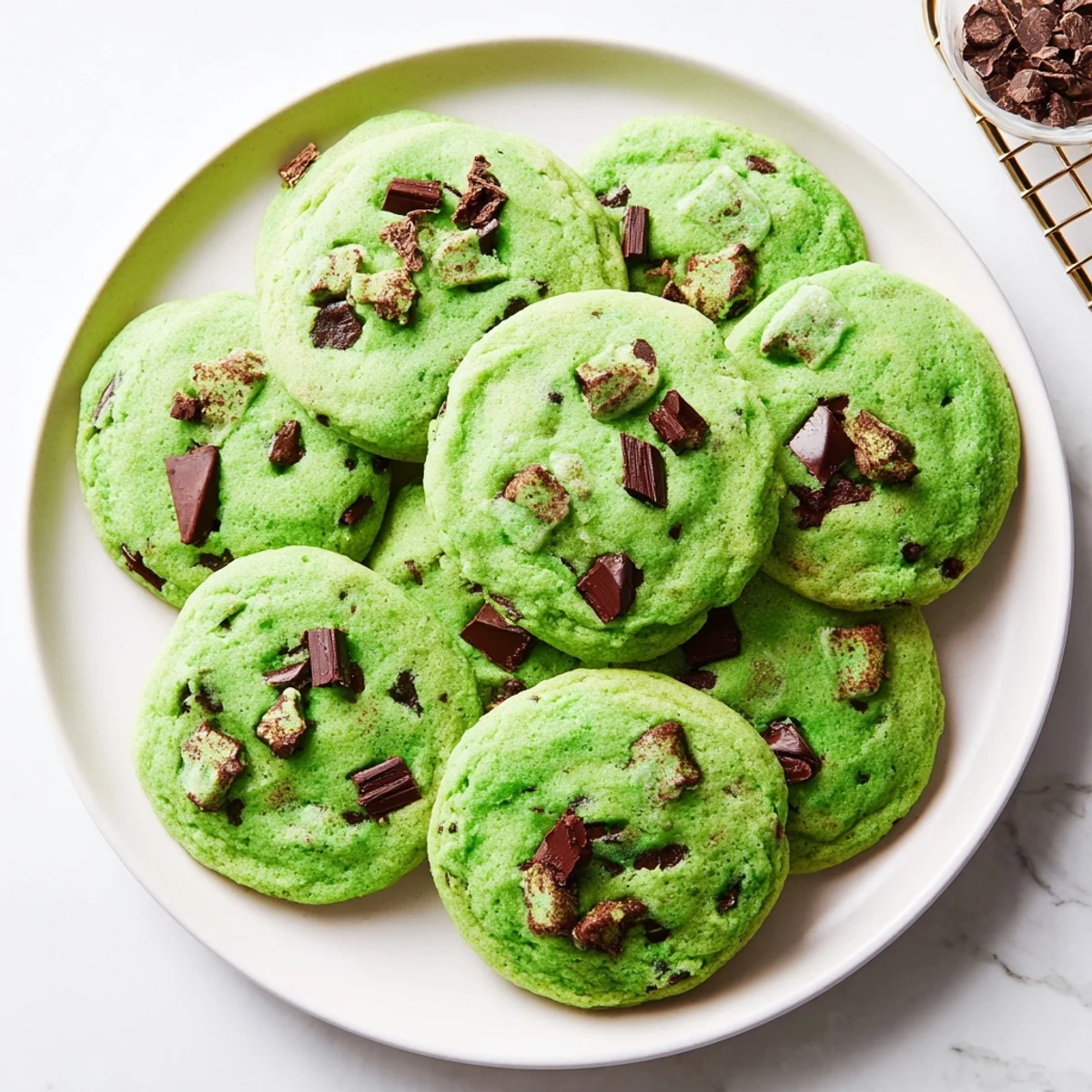 Close-up of chewy green mint chocolate chip cookies showing cracked texture and pockets of semi-sweet chocolate chunks
