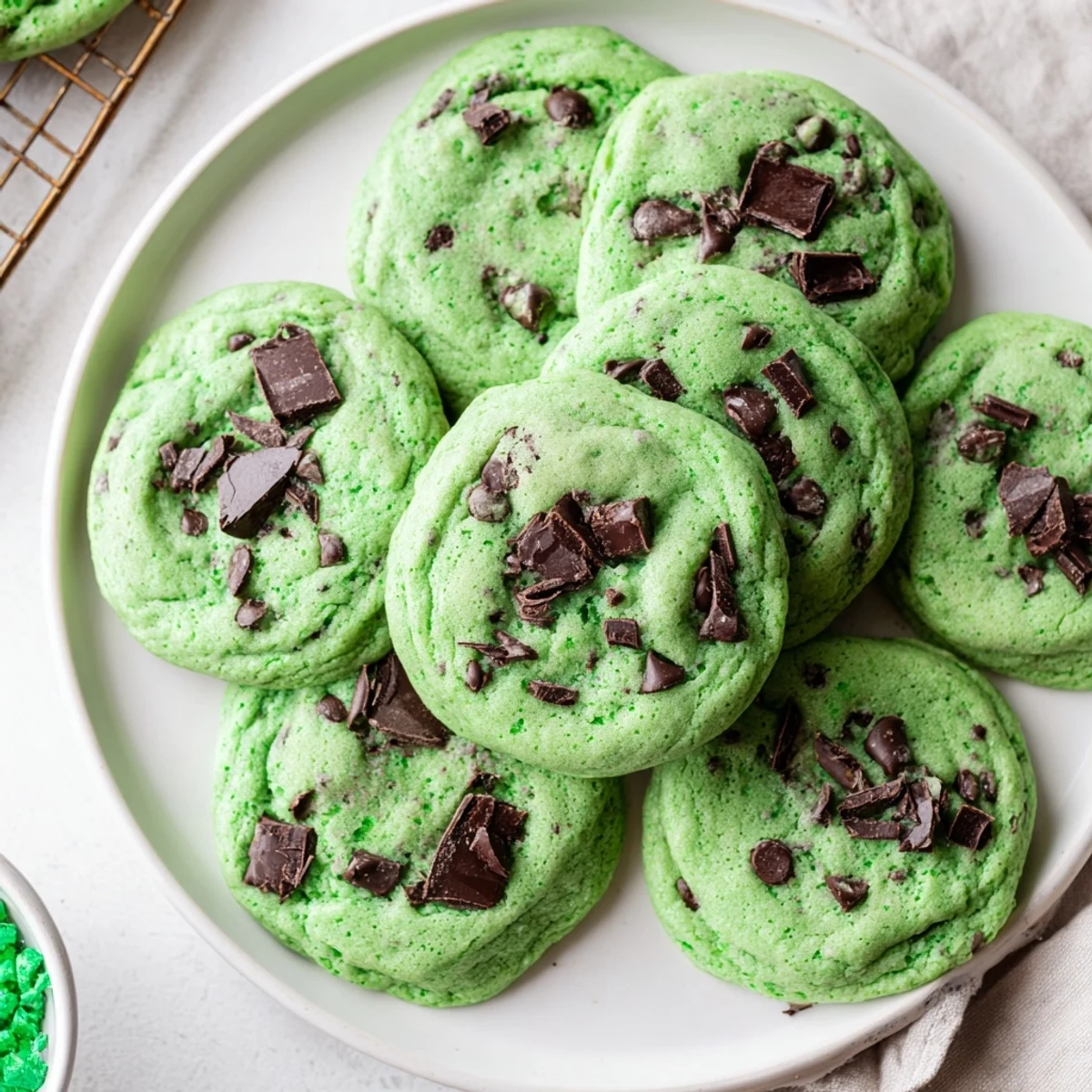 Soft green mint chocolate chip cookies piled on a white wire cooling rack with melted chocolate chips visible on top