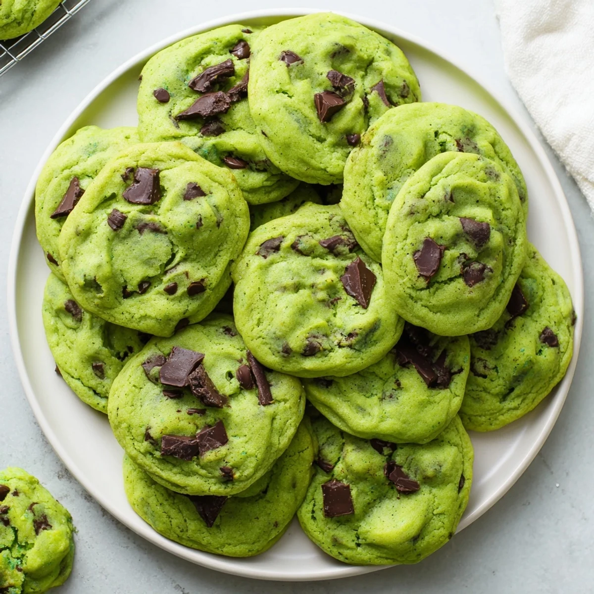 Stack of freshly baked green mint chocolate chip cookies on a wooden board with white chocolate chip garnish sprinkled on top