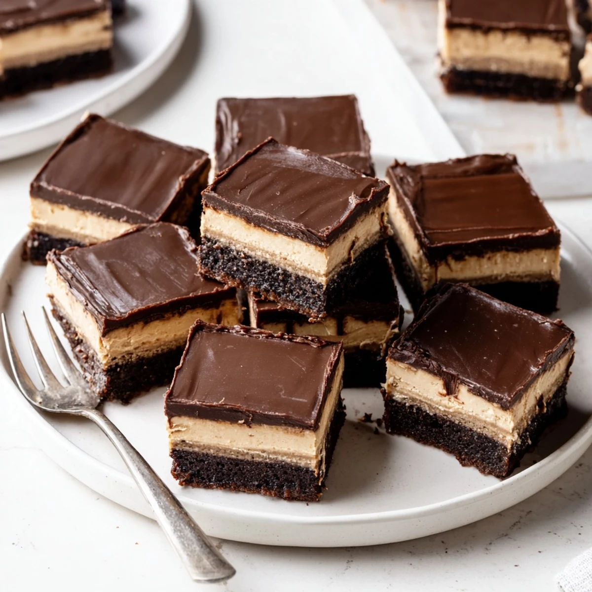 Rich fudgy layered peanut butter brownies stacked high with smooth chocolate ganache topping