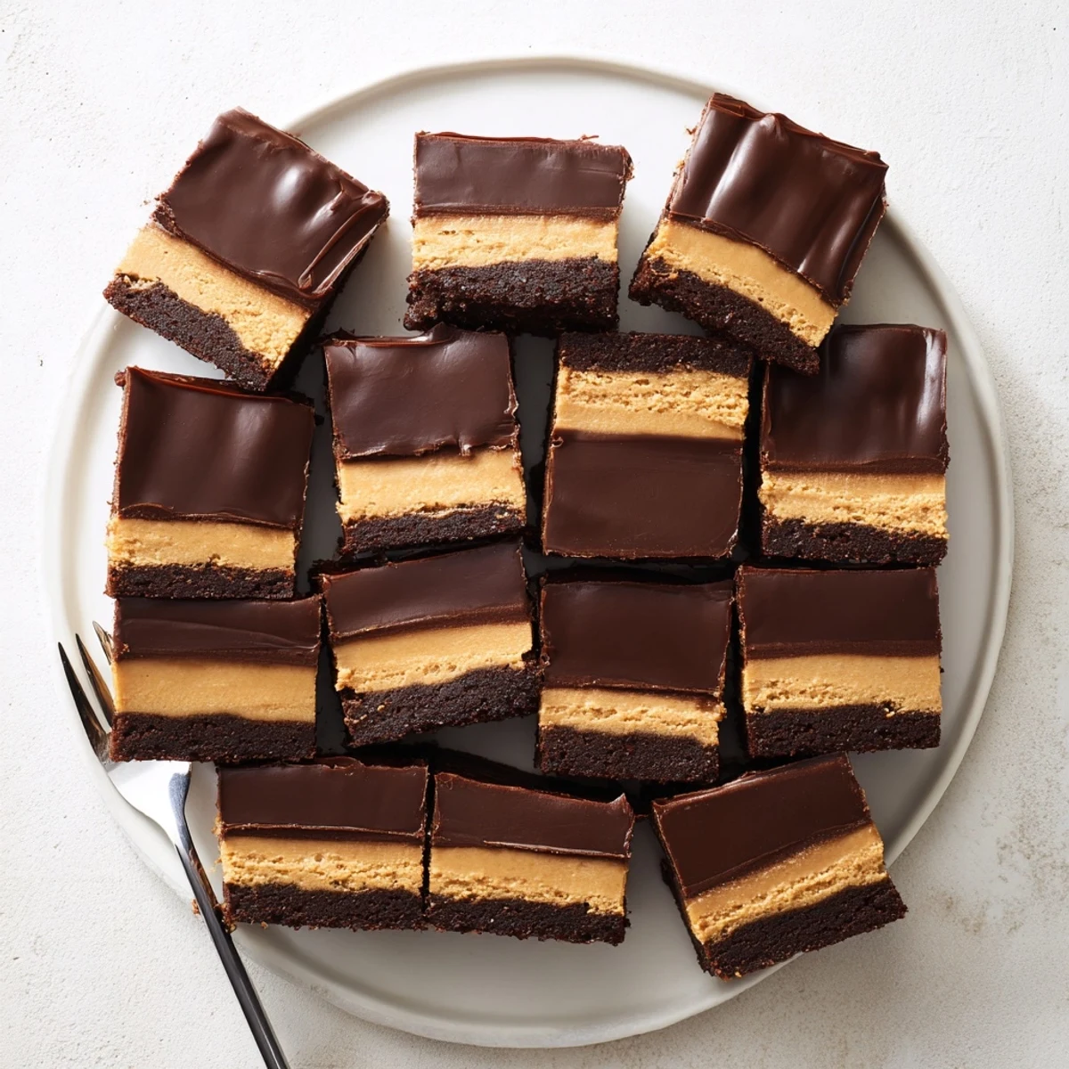 Square slice of layered peanut butter brownies displaying creamy peanut butter filling under glossy chocolate