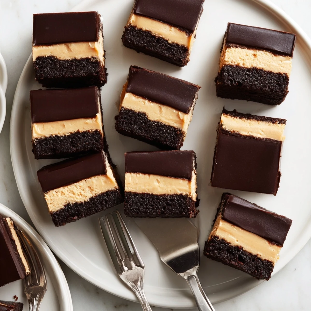 Homemade layered peanut butter brownies showing three distinct layers of brownie peanut butter and chocolate