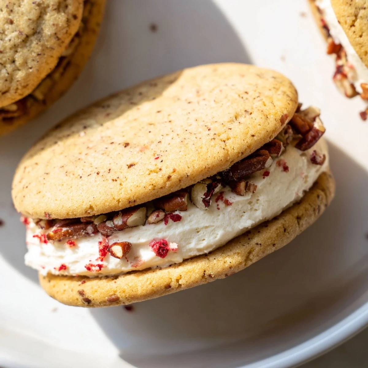 Golden cranberry pecan sandwich cookies featuring cream cheese filling between two buttery rounds