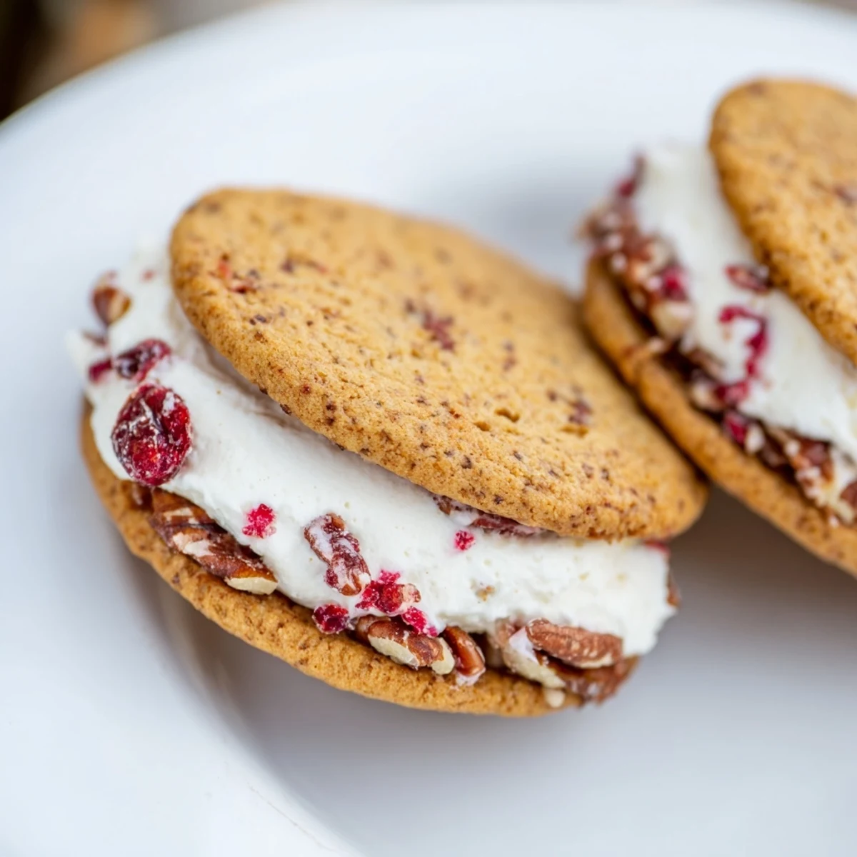 Tart cranberry and toasted pecan cookies sandwiched with luscious cream cheese frosting
