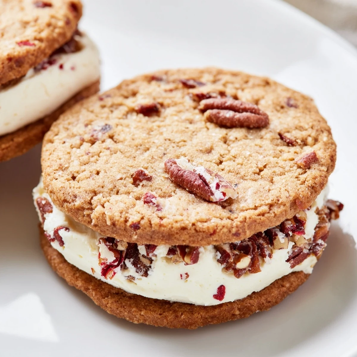Two delicate pecan-studded butter cookies filled with sweet cream cheese and dried cranberries