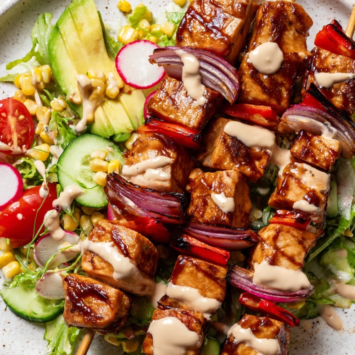 Juicy grilled BBQ chicken skewer salad with fresh vegetables and creamy herby ranch dressing