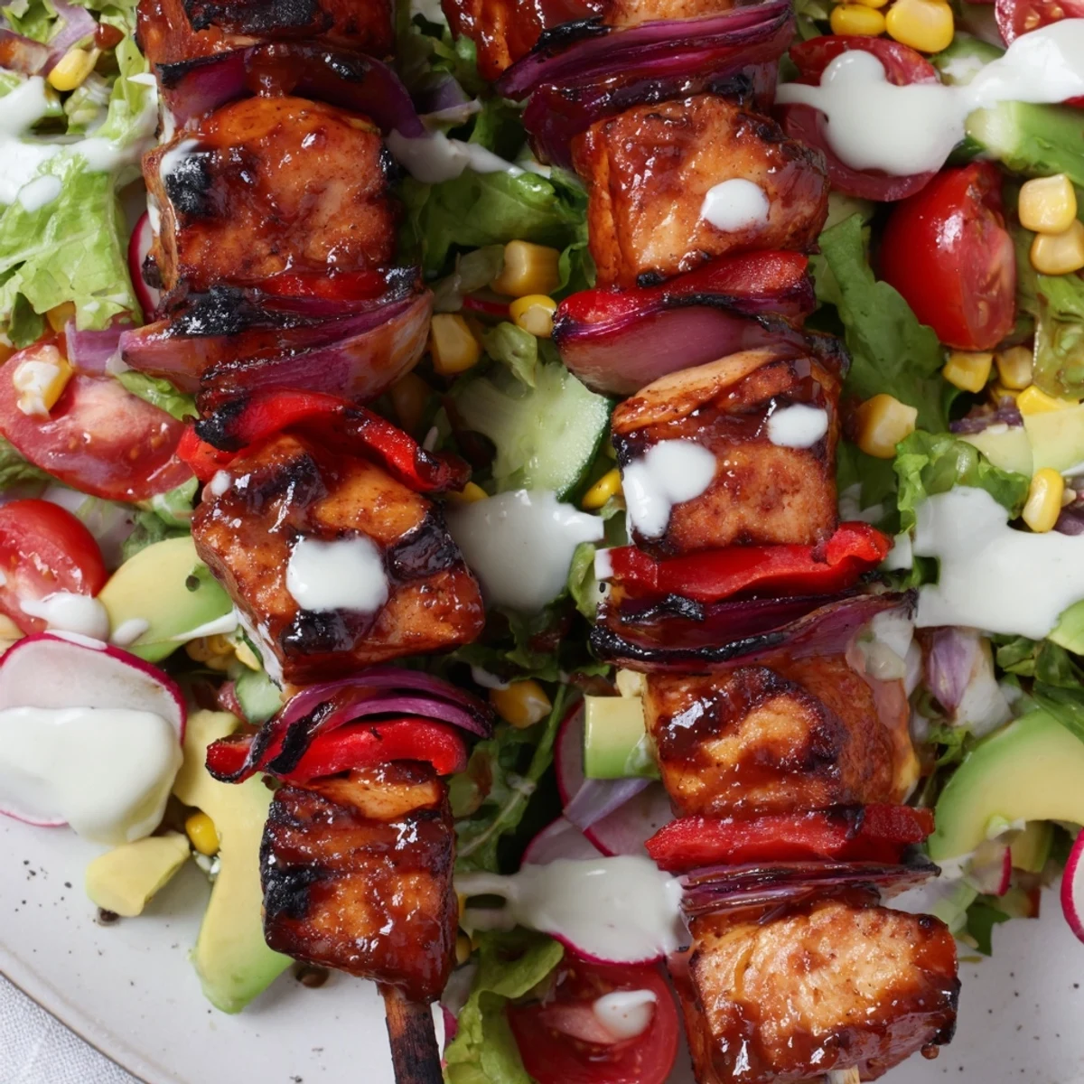 Colorful BBQ chicken skewer salad featuring crisp greens and tangy homemade ranch