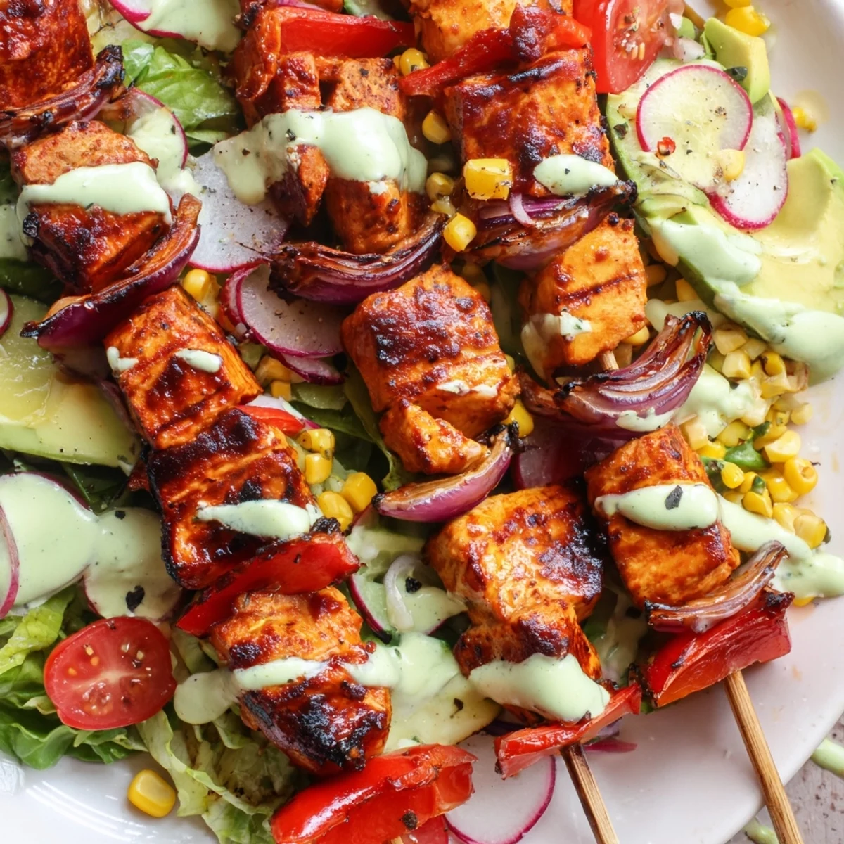 Plate of BBQ chicken skewer salad topped with vibrant vegetables and drizzled dressing