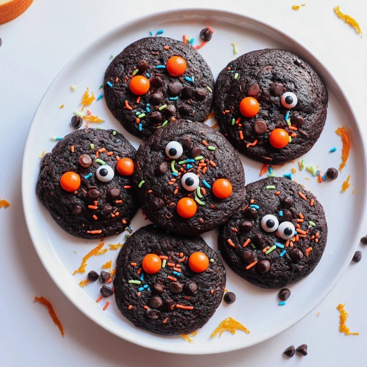 Decorated chocolate orange freaky face cookies with candy eyeballs and colorful Halloween sprinkles on a white plate