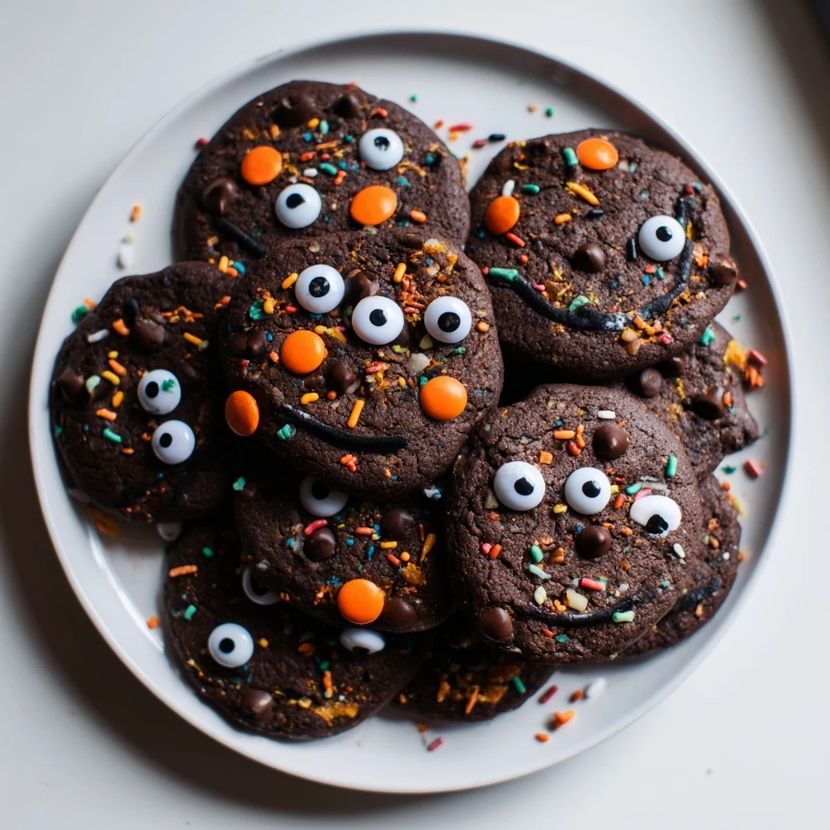 Warm chocolate orange freaky face cookies featuring spooky faces made from melted chocolate and orange zest garnish