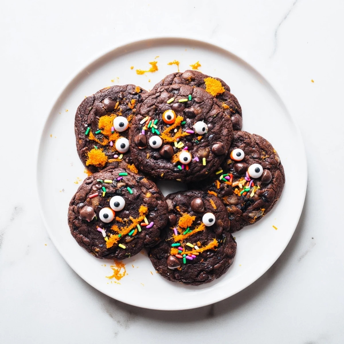 Freshly baked chocolate orange freaky face cookies arranged on a wooden board with decorative icing faces