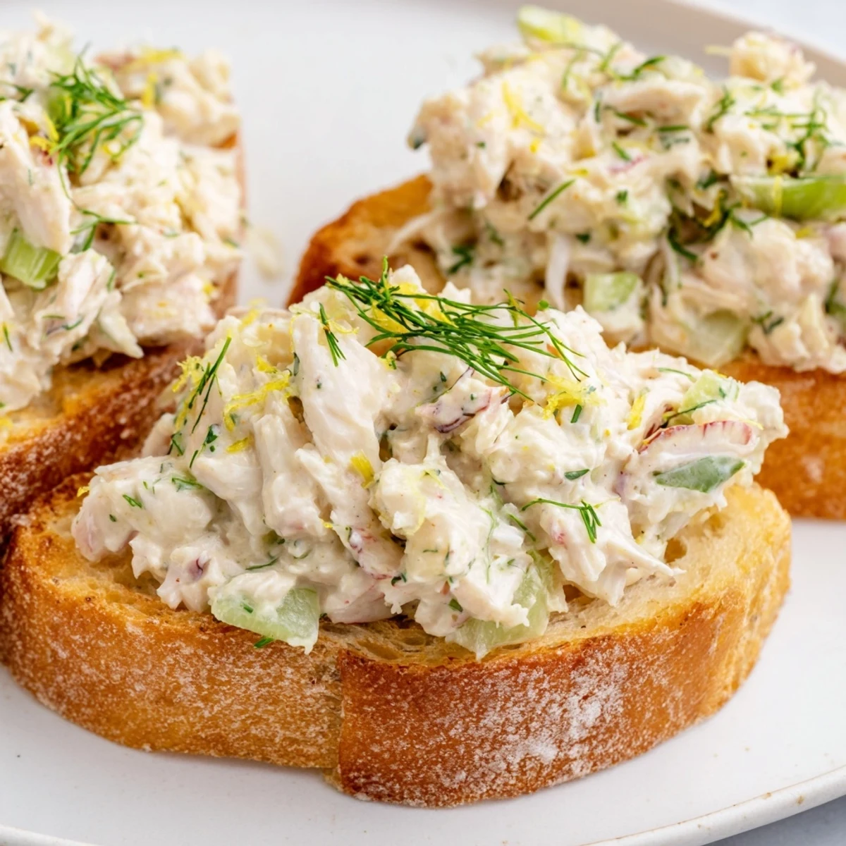 Golden buttered sourdough toast piled high with creamy crab salad and fresh herbs