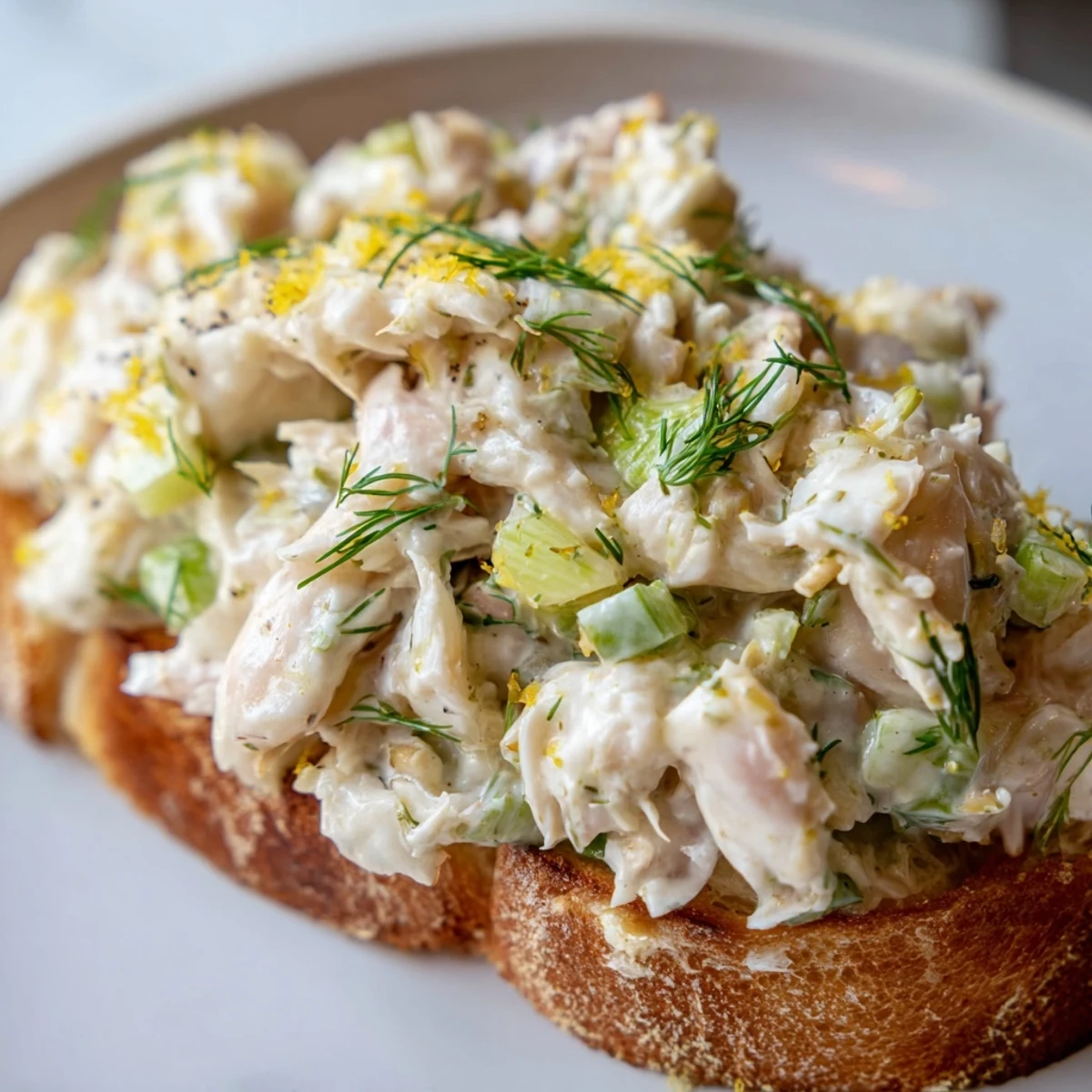 Rustic sourdough slices featuring generous portions of zesty crab mixture with lemon wedges