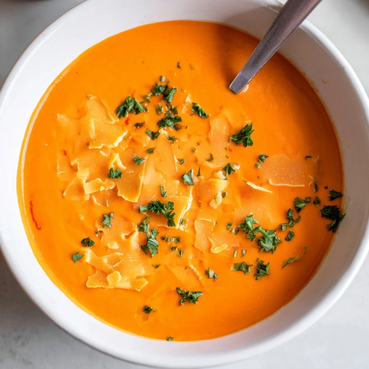 Creamy roasted red pepper Gouda soup garnished with fresh parsley and extra shredded cheese
