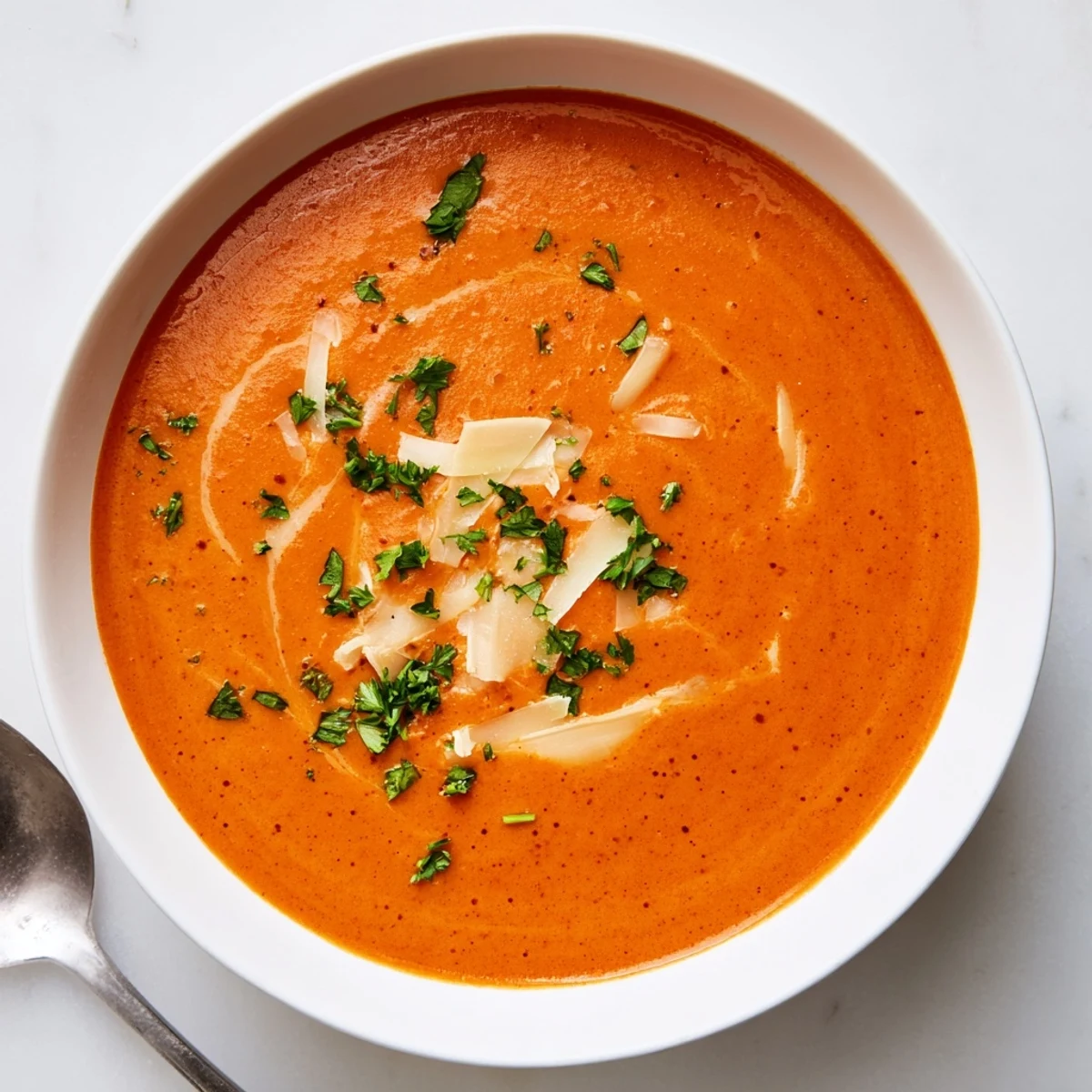 Velvety smooth bowl of roasted red pepper Gouda soup served with crusty bread
