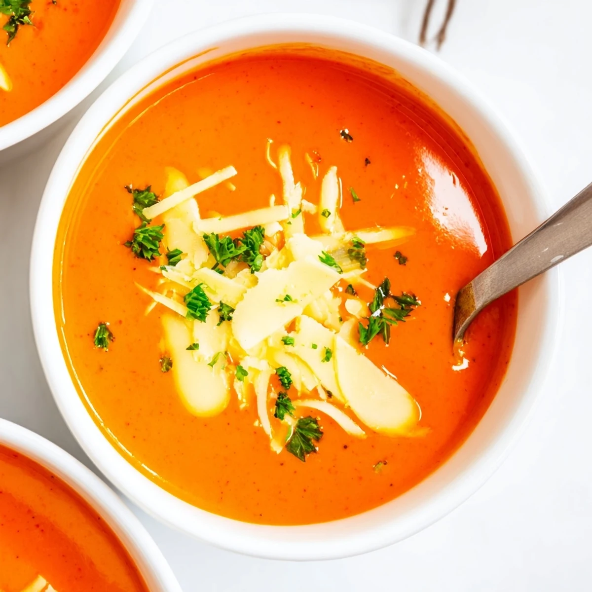 Golden orange roasted red pepper Gouda soup steaming in white ceramic bowl