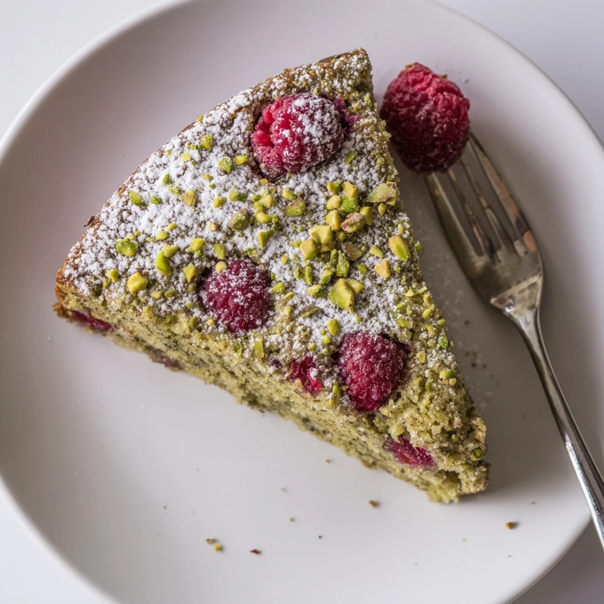 Moist pistachio raspberry cake slice topped with powdered sugar and fresh red berries on white plate