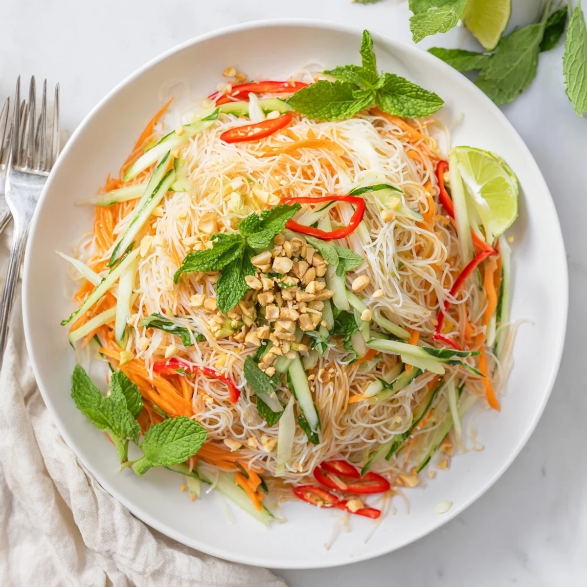 Glass noodles topped with julienned carrots cucumber and bean sprouts in a zesty Vietnamese noodle salad with tangy dressing