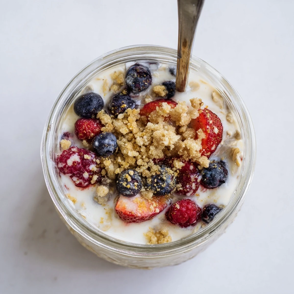 Glass jar layered with zesty lemon cheesecake overnight oats topped with fresh berries and graham cracker crumbs