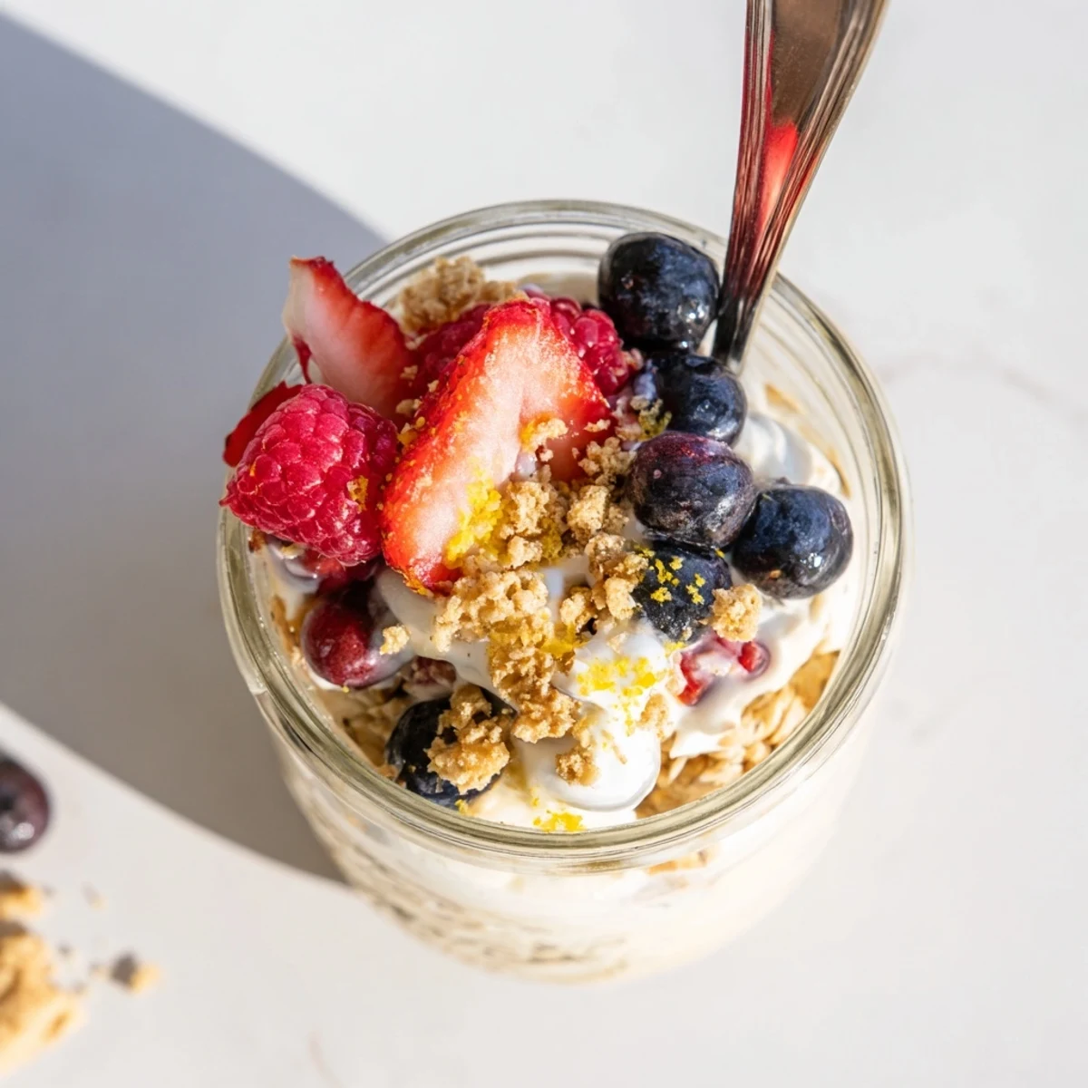 Spoonful of tangy lemon cheesecake overnight oats showing thick texture with graham cracker crunch and berry topping