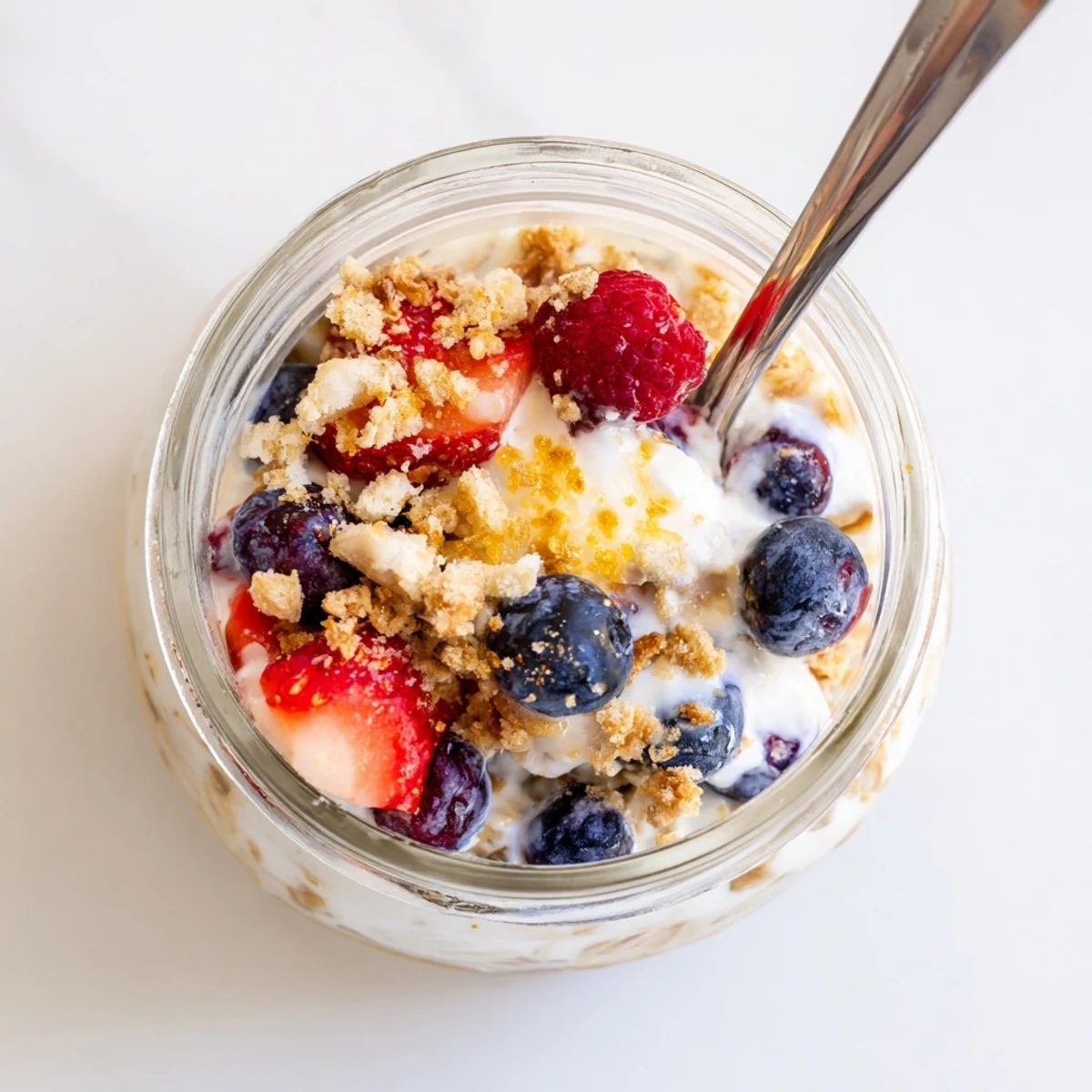 Creamy lemon cheesecake overnight oats in mason jars garnished with lemon zest and colorful summer fruit