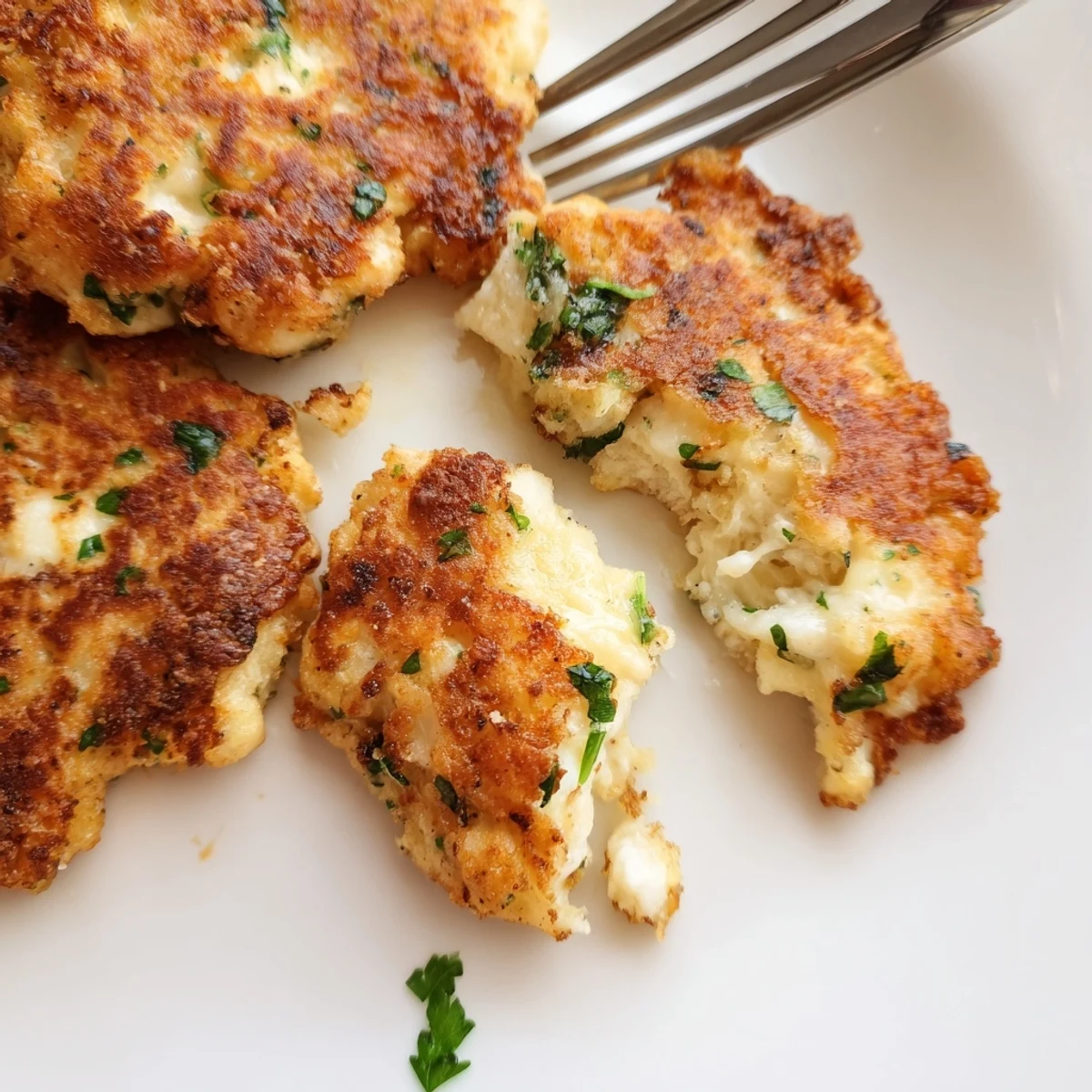 Golden brown cheesy chicken fritters arranged on a white plate with creamy garlic aioli dip in a small ramekin on the side