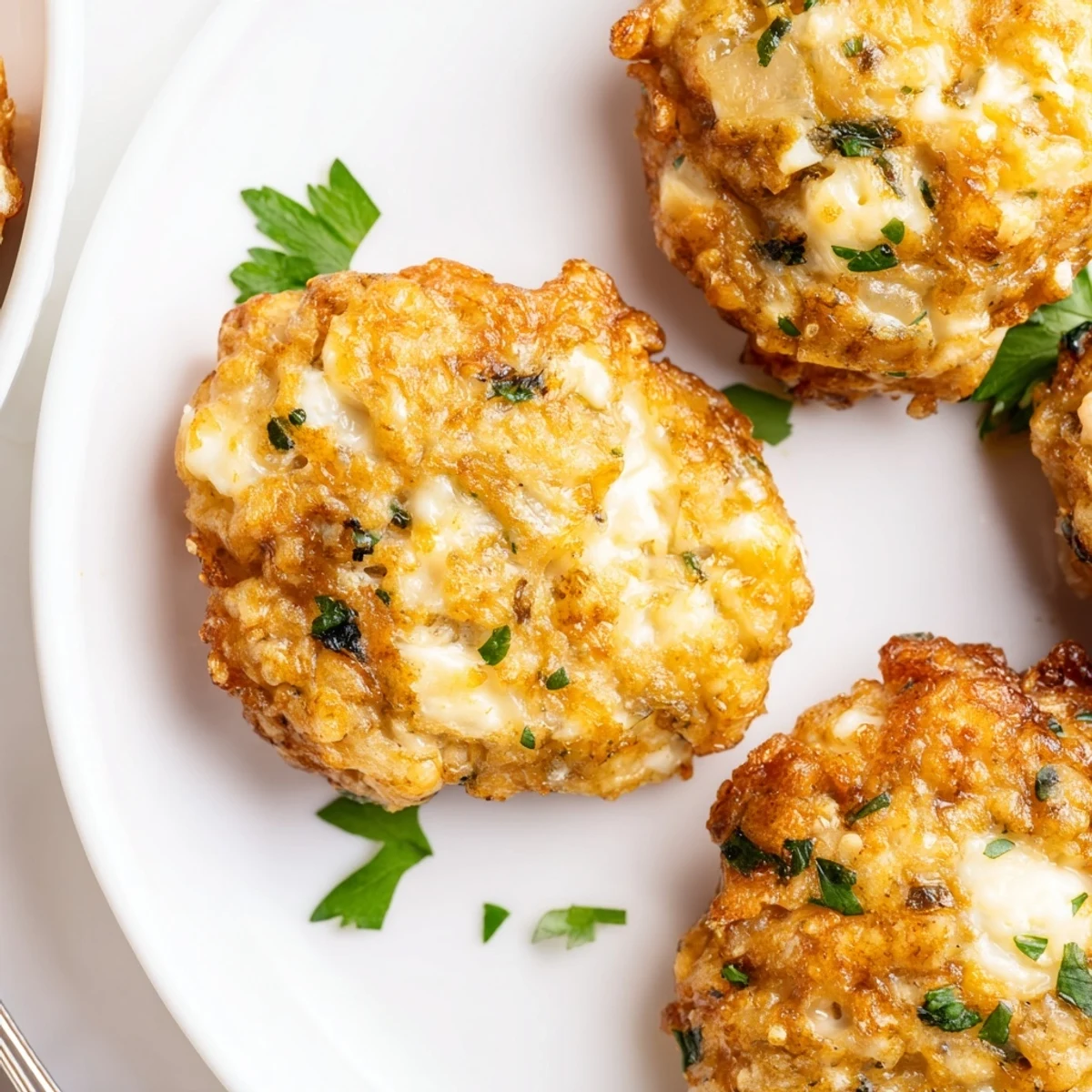 Close-up of tender cheesy chicken fritters with a golden crust, garnished with fresh parsley and paired with zesty garlic aioli sauce