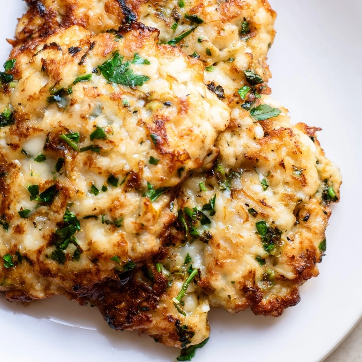 Crispy pan-fried chicken fritters loaded with melted mozzarella cheese served alongside a bowl of homemade garlic aioli for dipping