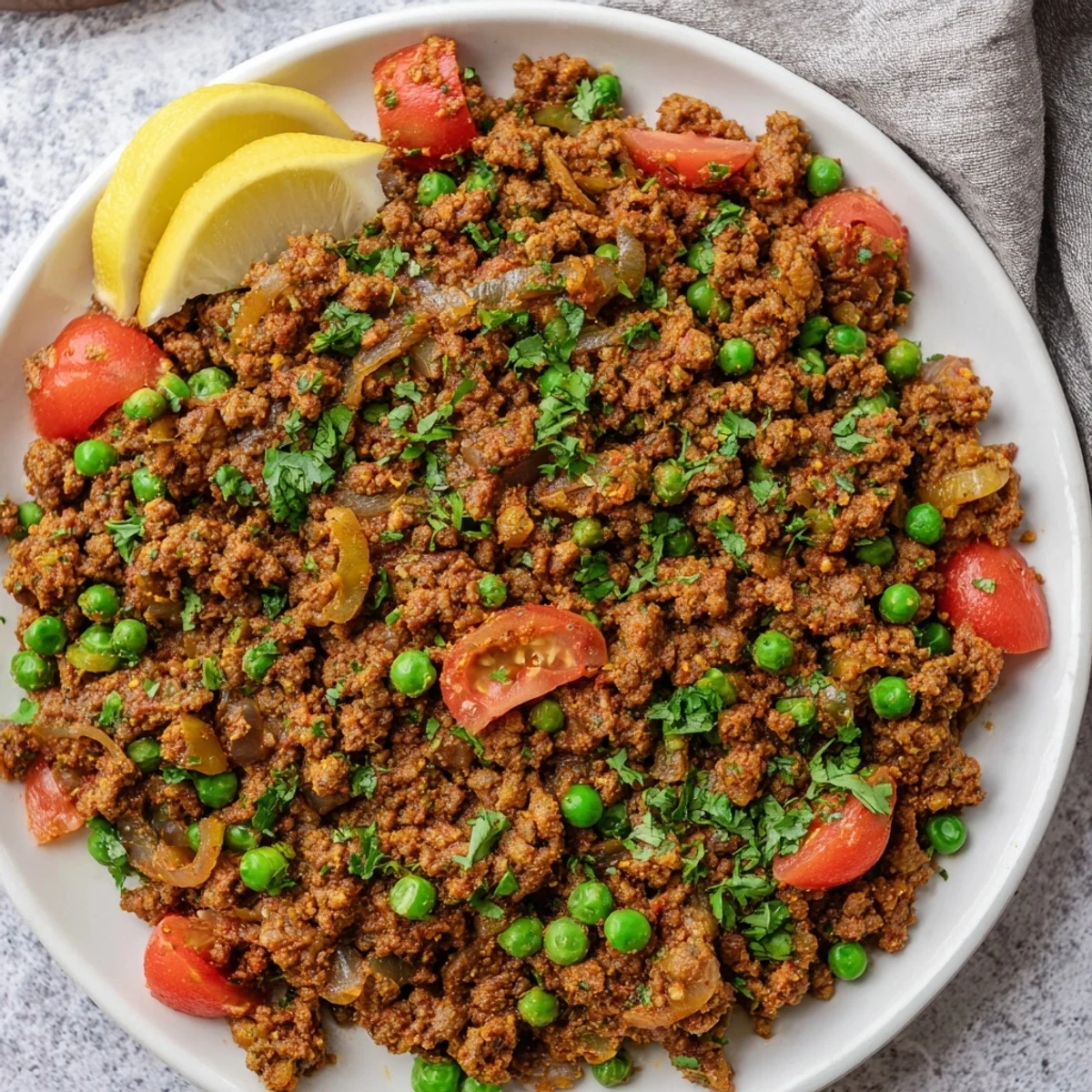 Hearty Keema Curry featuring tender spiced meat simmered with tomatoes and peas, topped with lemon