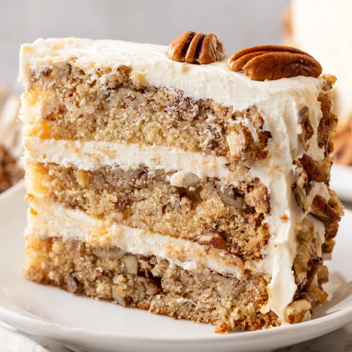 Golden butter pecan cake layered with creamy buttercream and scattered toasted pecans on top