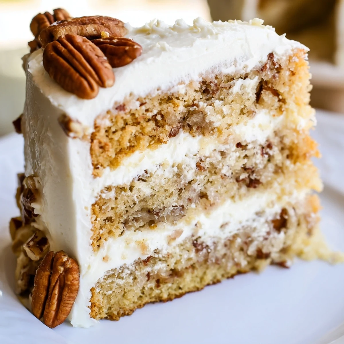 Slice of moist butter pecan cake revealing nutty texture underneath smooth vanilla frosting