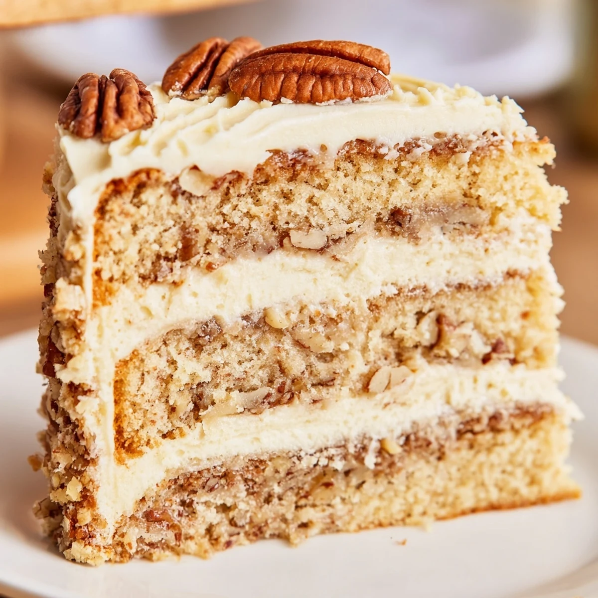 Three-tier butter pecan cake decorated with chopped pecans and rich buttery swirls