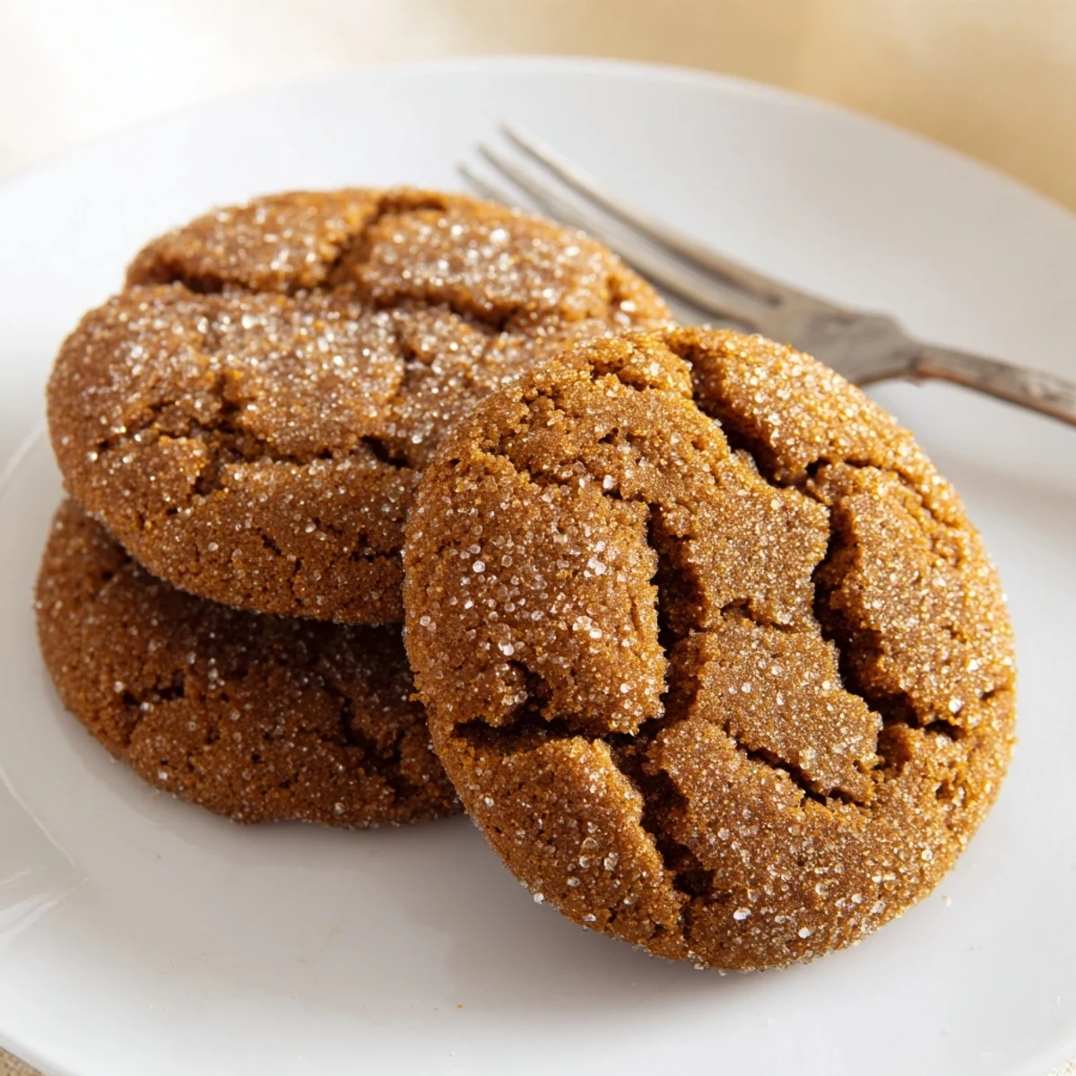 Golden homemade Gingersnap Cookies with crackled tops and sparkling sugar coating