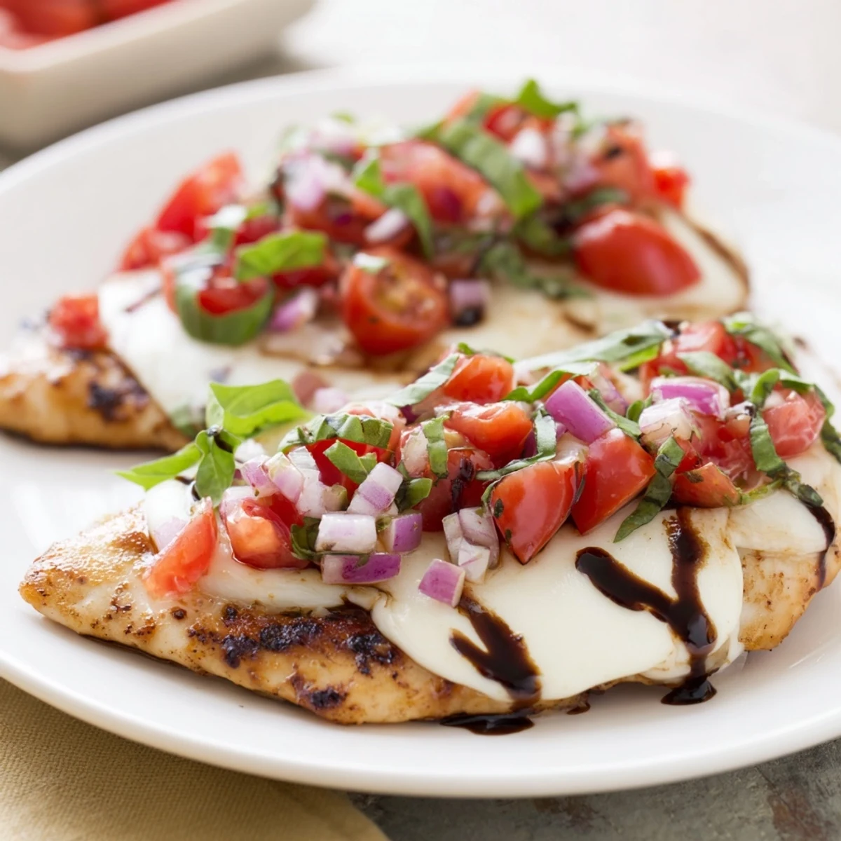 Golden baked chicken breast topped with melted mozzarella and colorful tomato basil bruschetta topping