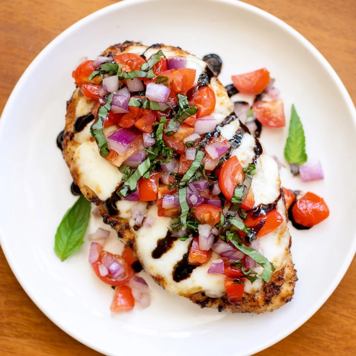 Savory mozzarella bruschetta chicken with juicy diced tomatoes and fresh basil on a white plate