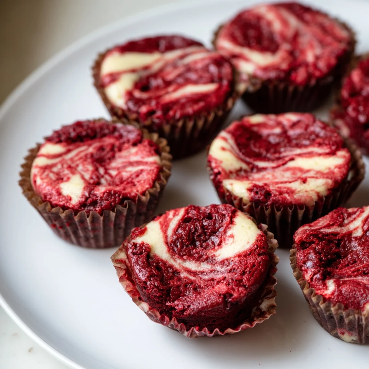 Red velvet brownie bites with cream cheese swirl cooling on a wire rack