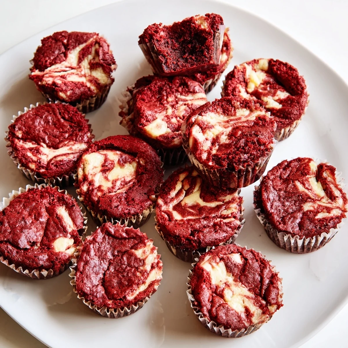 Fudgy red velvet brownie bites topped with creamy white marble swirl topping