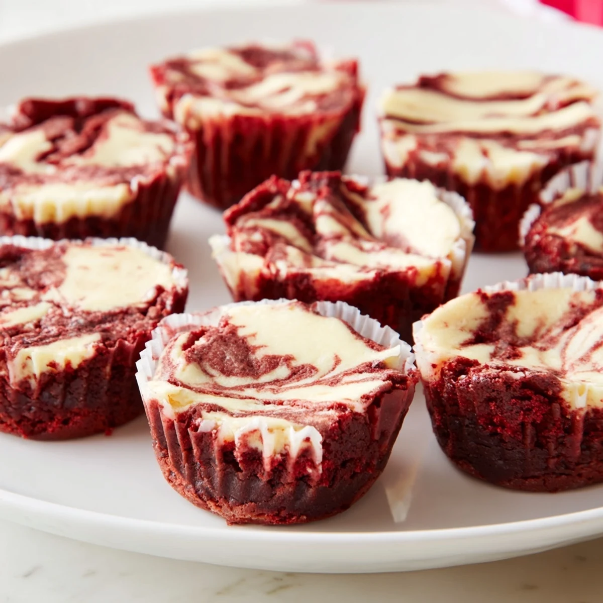 Mini red velvet brownie bites with luscious cream cheese swirl ready for serving