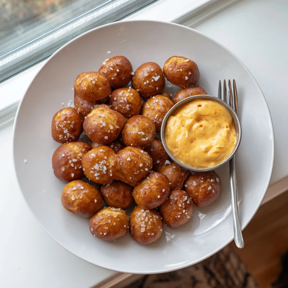 Golden crispy air fryer pretzel bites served with warm zesty cheese dip for dipping