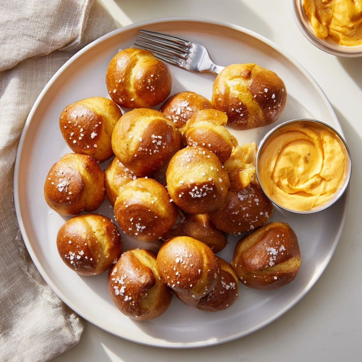Chewy pretzel bites sprinkled with sea salt alongside creamy zesty cheese dip