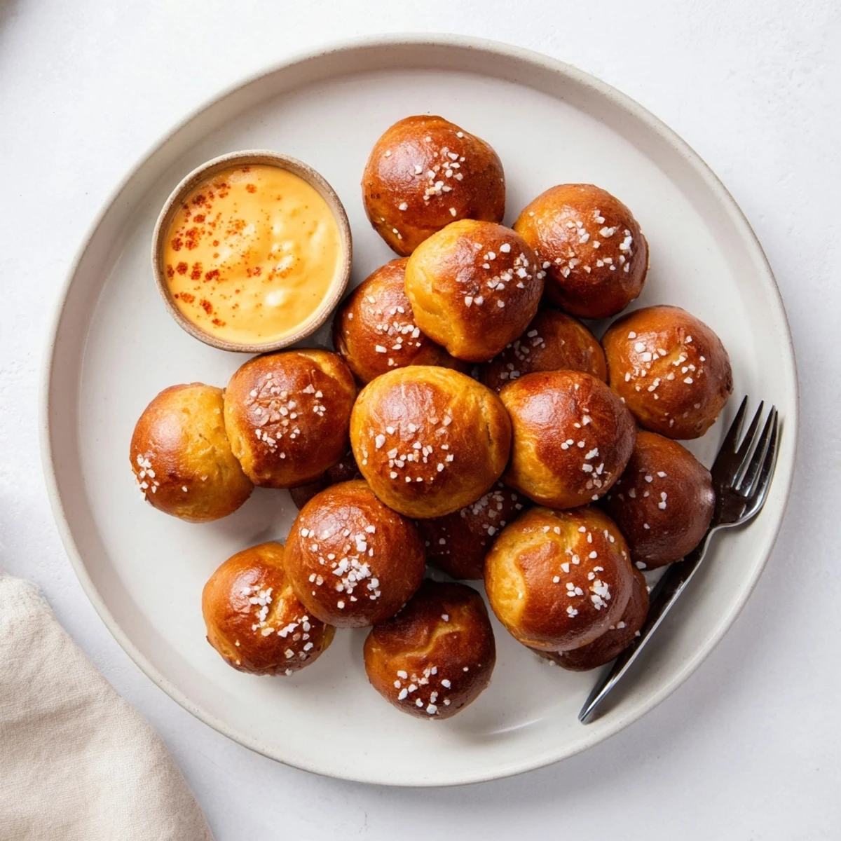 Air fryer pretzel bread bites with golden brown crust paired with zesty cheese sauce
