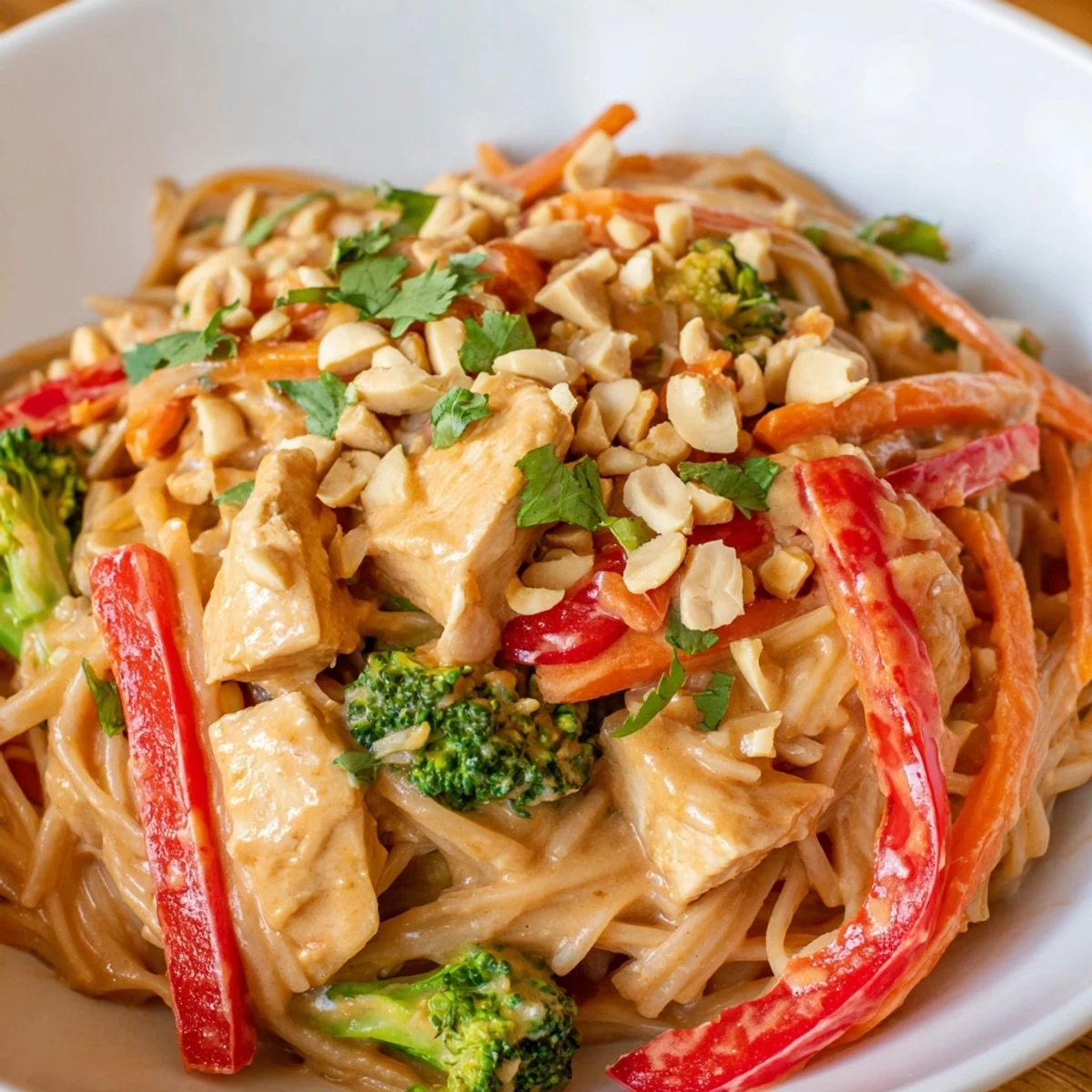 Meal prep bowl featuring tender chicken, noodles, and rich peanut sauce garnished with peanuts